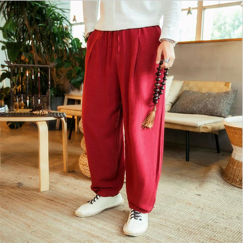 Pantalon large pour homme, grande taille 6XL 7XL, en coton et lin, pantalon ample de style harem, pantalon d'été, pantalon ample pour homme avec cordon de serrage, vêtements pour homme.
