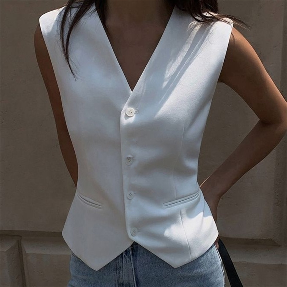 Femmes mode sans manches costume gilet solide simple boutonnage col en V hauts élégant bureau dame vêtements mince décontracté rue Cardigan