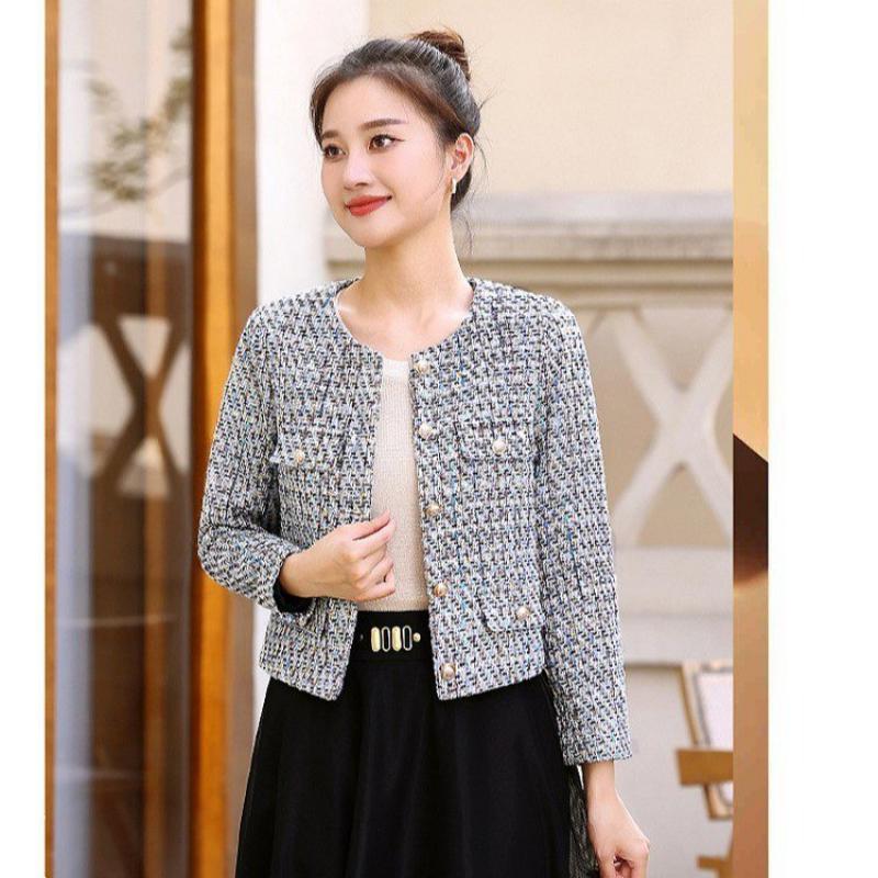 Veste coréenne en Tweed pour femmes, manteau Simple à manches longues, élégant, Slim, Chic, col rond, point ouvert, vêtements d'extérieur, nouvelle collection