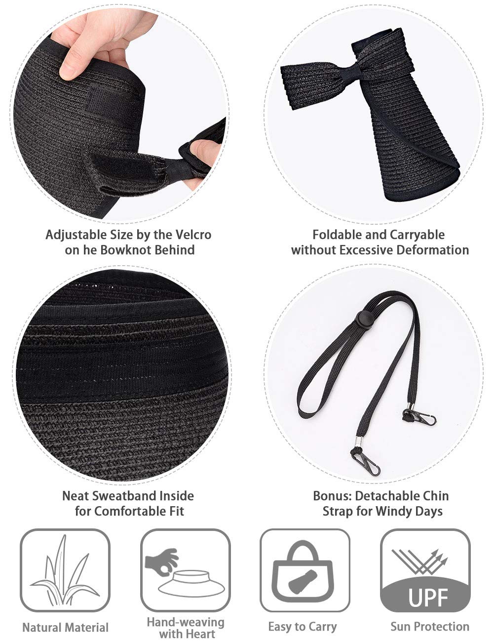 Chapeau Visière d'Été pour Femme - Élégant et Résistant aux UV pour la Randonnée en Plein Air, Casquette de Soleil Pliable à Large Bord, Chapeau de Plage en Paille