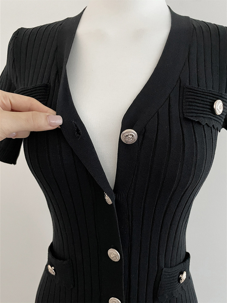 Robe mi-longue d'été pour femmes, tricotée, noire, moulante, Style coréen, à volants, élégante, mode décontractée, manches longues