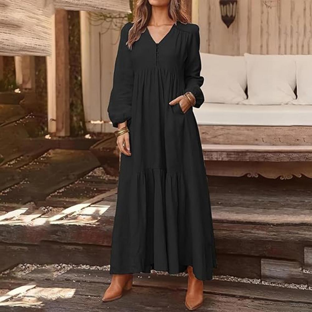 Robe longue plissée pour femmes, manches longues bouffantes, col en v, à volants, avec poches, couleur unie, style Boho, plage