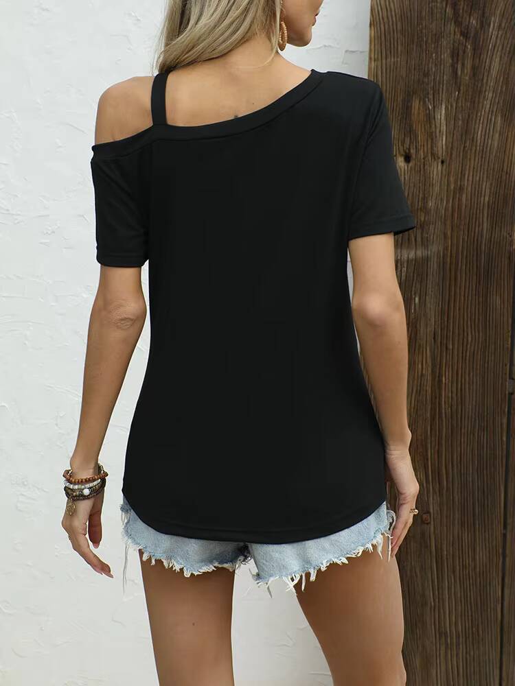 T-shirt femme noir printemps-été à une épaule, manches courtes, ourlet torsadé, coupe ample, élégant et stylé, pour le quotidien et la mode décontractée