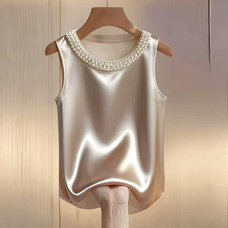 Chemise élégante en satin pour femme, Blouse en soie à motif perlé pour l'été, T-shirts pour femme, Gilet ample tendance pour femme, Débardeurs pour femme, Tee-shirt tendance pour femme