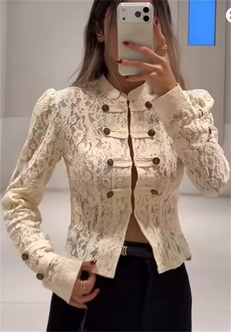 Veste Femme Guobioziy Nouvelle Collection Automne 2026 Jaune Clair Manches Longues Dentelle Boutons Décoratifs Coupe Slim Élégante
