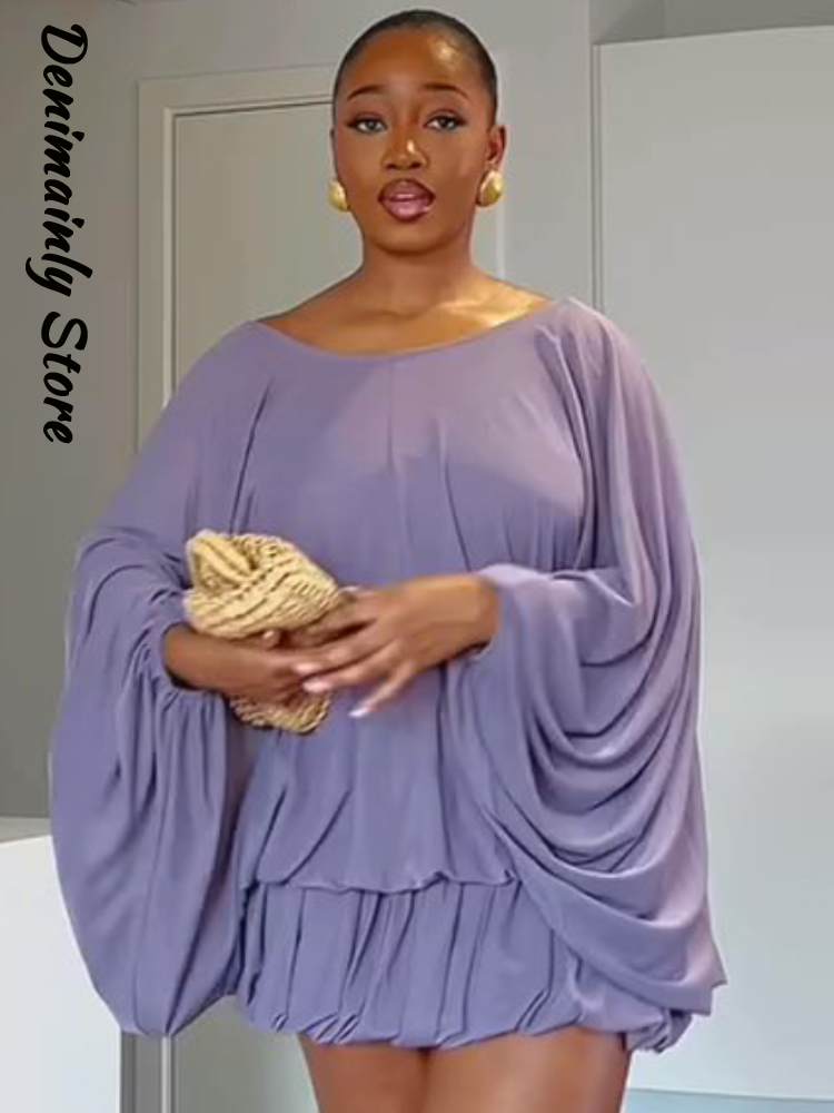 Robe Mini Bohème Femme à Lacets, Col Rond Ample, Manches Chauve-Souris Plissées, Dos Nu, Robes d'Été 2026 pour Vacances et Fêtes