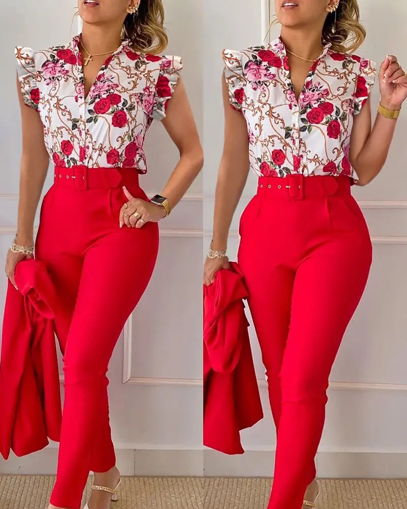 Été femmes africaines à manches courtes col en v Polyester 2 pièces haut pantalon Long impression ensembles assortis Dashiki vêtements africains