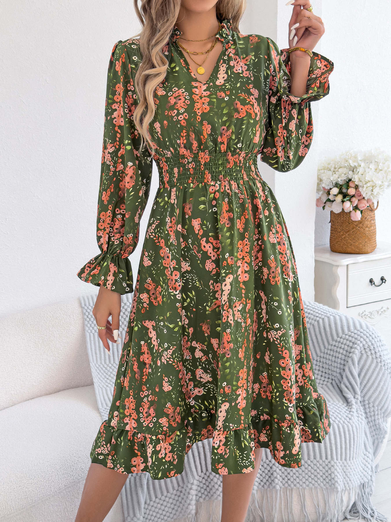 Robes élégantes à imprimé floral pour femmes, collection automne-hiver 2026, décontractées, col en V, manches longues évasées, robe trapèze à volants