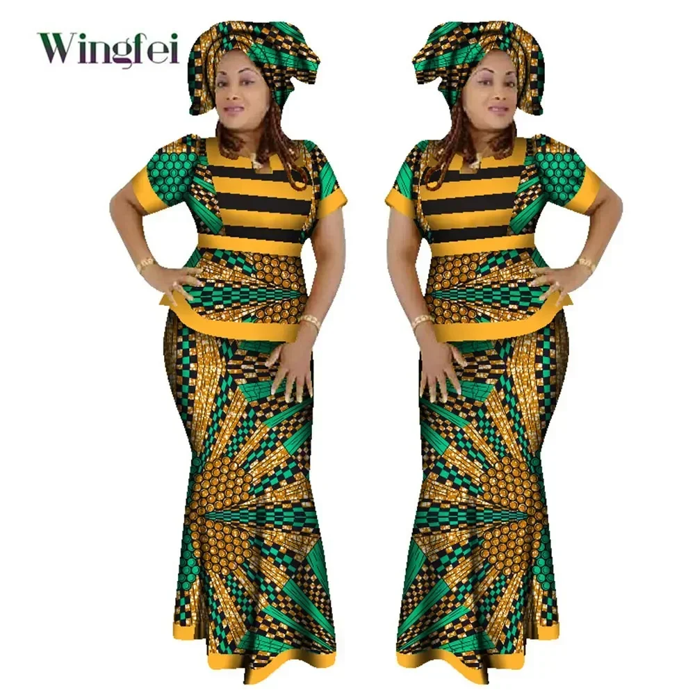 Ensemble 3 pièces de vêtements africains pour femmes, haut court à rayures et jupe avec écharpe de tête, Kanga africain, WY1210
