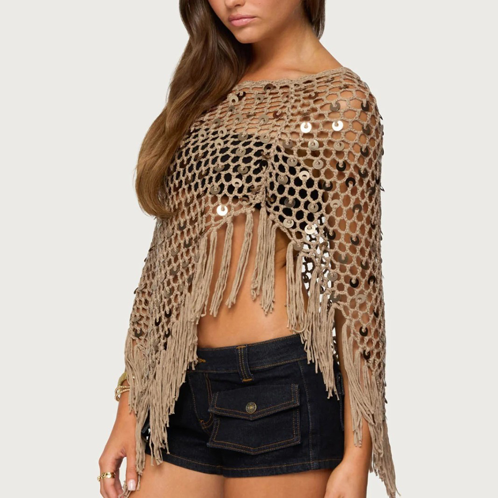Hauts cache-cœurs en tricot à franges pour femmes, ornés de paillettes brillantes, ajourés, en crochet, style boléro, châle, poncho, coupe ample, décontractés, pour la plage