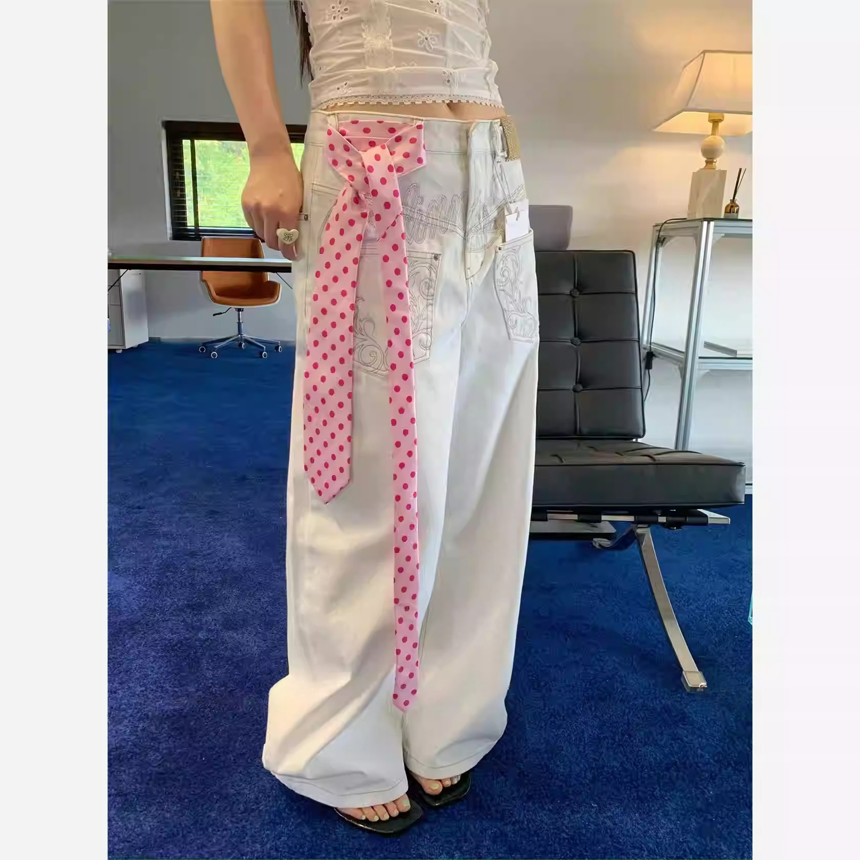 Cravates vintage pour femmes, élégantes écharpes en soie à pois, cravates brodées de style coréen, ceinture multifonctionnelle, cravate