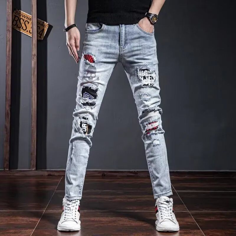 Homme coréen vêtements de créateur 2025 jean blanc hommes printemps automne imprimé étudiants mince Stretch crayon pantalon vêtements de travail pantalons longs