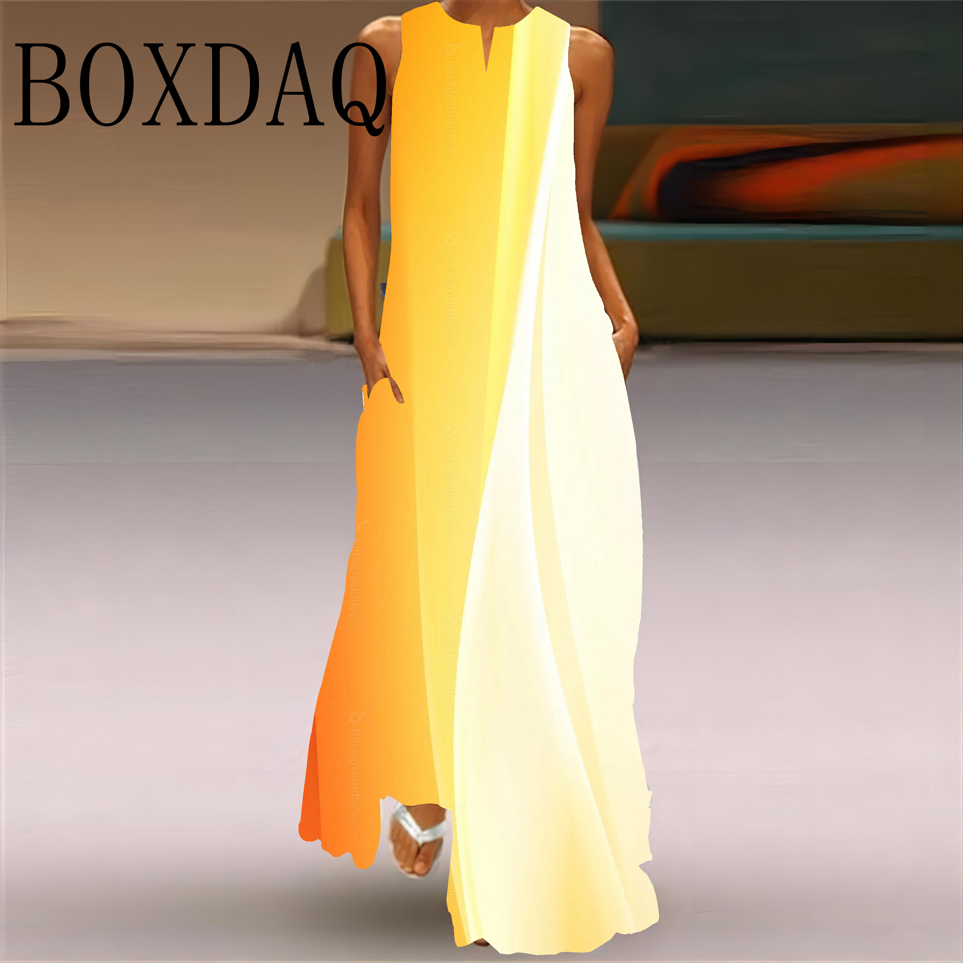Robe Maxi à imprimé dégradé pour femmes, ample, sans manches, longue, élégante, mode dames, col en V, poches, nouvelle collection été 2025
