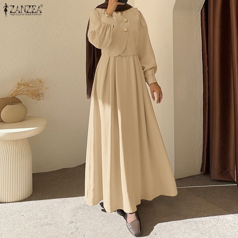 ZANZEA Robe Musulmane Tendance Abaya Ramadan Faux Deux Pièces Femme Élégante Manches Longues Plissée Robe Longue Décontractée Dubaï Kaftan