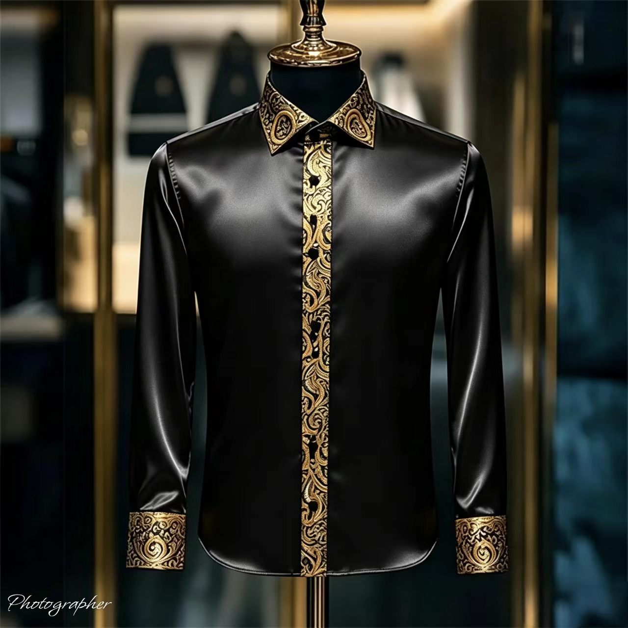 Chemise en satin de luxe pour homme avec col et poignets imprimés en 3D, chemise habillée à manches longues coupe ajustée, chemise en soie formelle pour mariage et soirée