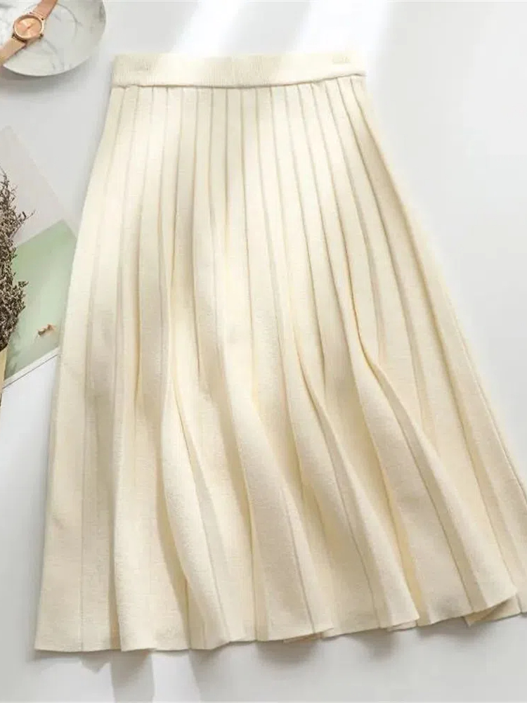 Femmes tricoté jupe Midi élégant noir a-ligne taille haute plissée longue Jupe coréenne 2024 printemps automne hiver Faldas Femme Jupes