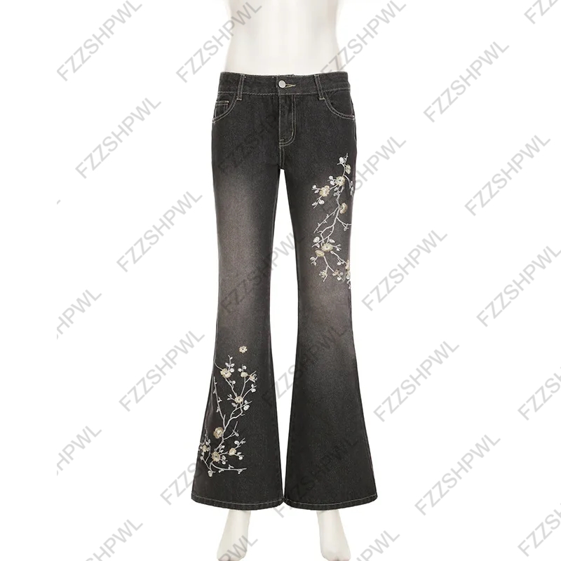 Jean brodé à fleurs pour femmes, pantalon évasé rétro taille basse, tricot ample, Style basique, assorti avec tout, Streetwear des années 2000, printemps et automne