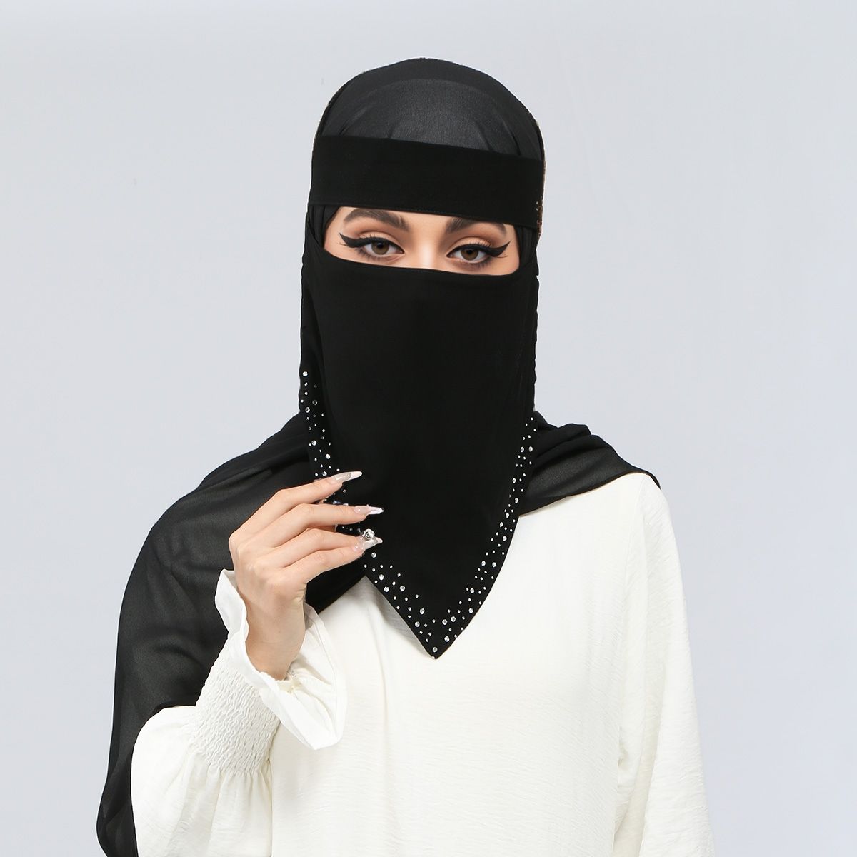 Nouveau Voile 2026 avec Strass, Protection Solaire Estivale, Respirant, Double Couche, Noir, pour Femmes Musulmanes, Idéal Aïd