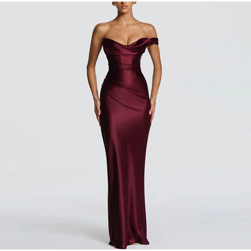 Nouvelle Robe Longue Asymétrique en Satin pour Femme, Col Bénitier, Taille Froncée, Robe Moulante, Robes d'Été Formelles pour Soirées et Cérémonies