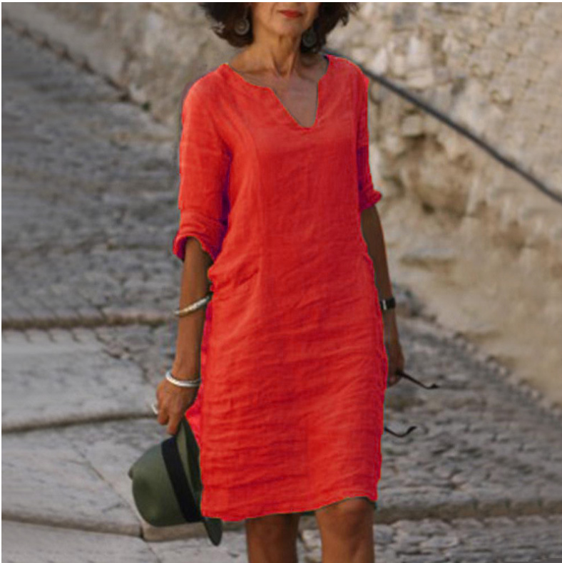 Robe mini vintage unie pour femme, mode estivale, col en V, manches trois quarts, robe décontractée pour femme, tenue de vacances