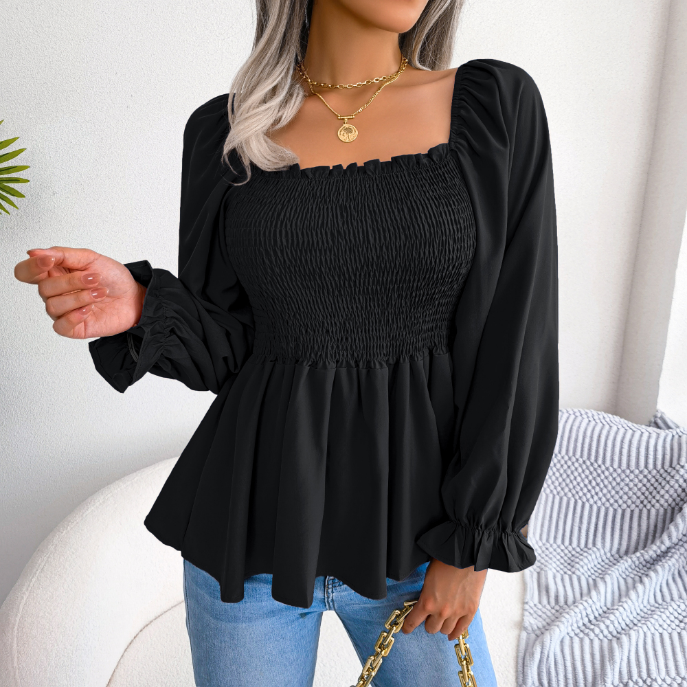 Chemisier en mousseline de soie pour femmes, couleur unie, manches longues, volants, haut péplum, blanc, rouge, vert, bleu, noir, vêtements pour femmes, 2026