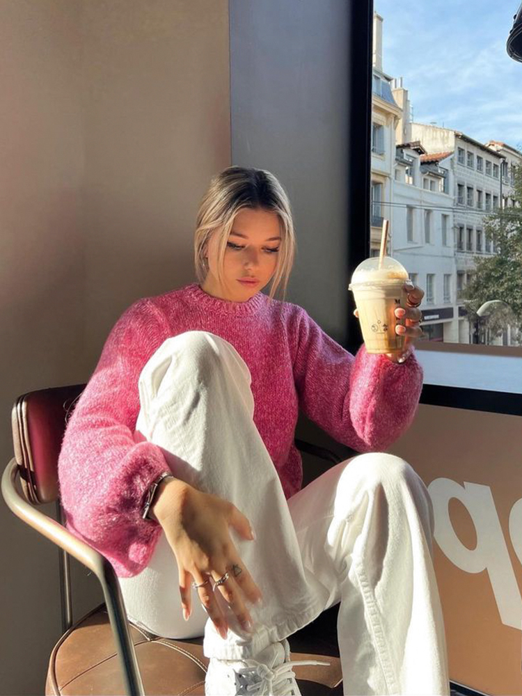 Pull Vintage à Manches sulfet Col Rond pour Femme, Vêtement Chic de Couleur Unie, à la Mode, 2023