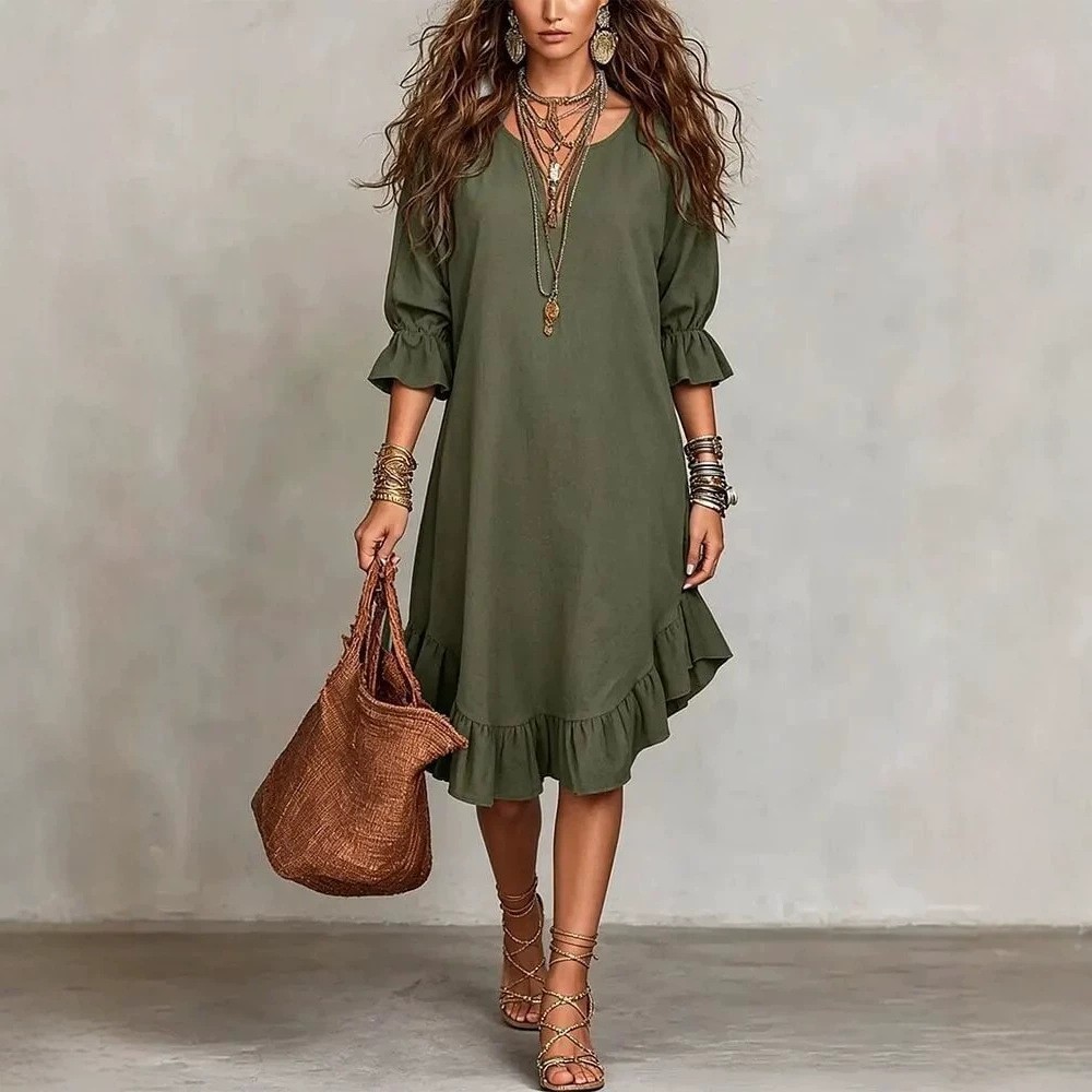 Robe élégante à col en V et manches mi-longues avec détail volanté à l'ourlet, en tissu tissé européen et américain, mode féminine 2026