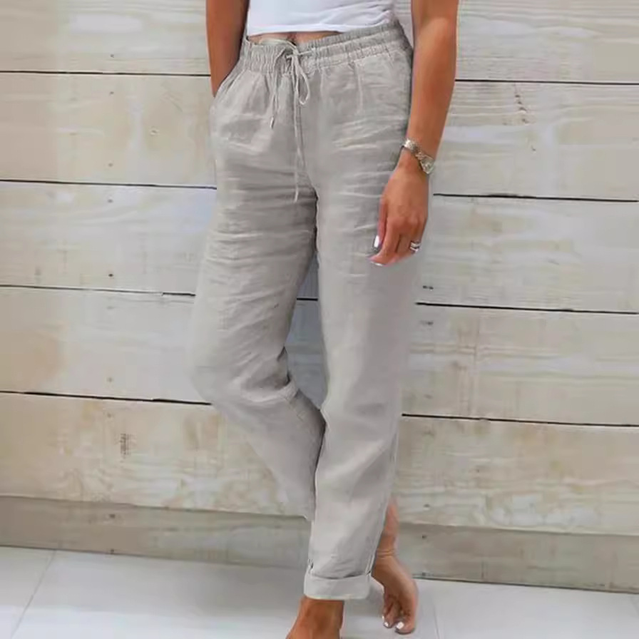 Pantalon décontracté femme 2026, nouvelle collection Europe, taille haute, coupe ajustée, couleur unie, en coton et lin, vêtements pour femmes