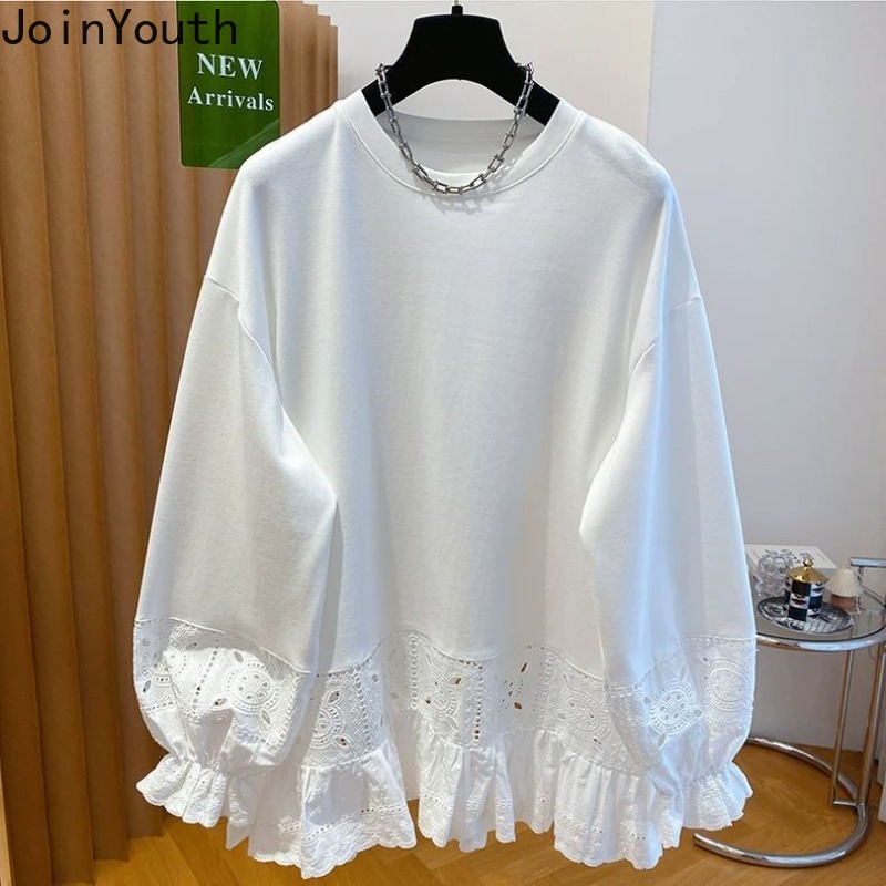 T-shirts surdimensionnés vêtements pour femmes Patchwork dentelle à manches longues t-shirts col rond décontracté Camisetas mode T-shirt blanc 2025 Ropa Mujer