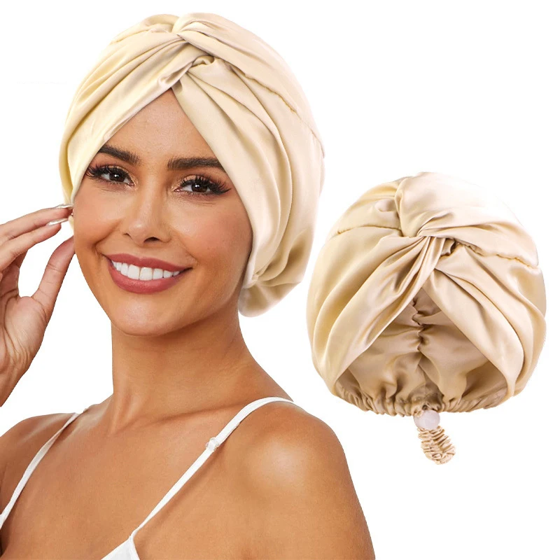 Bonnet Turban en soie de couleur unie pour femmes, Bonnet de nuit doux en Satin, soins capillaires, foulard, couvre-chef torsadé réglable