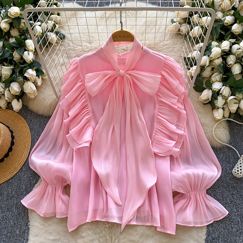 Chemisier Femme Printemps Automne Tendance Rétro Français Décontracté Haut de Gamme à Pois avec Manches Bouffantes et Nœud S263