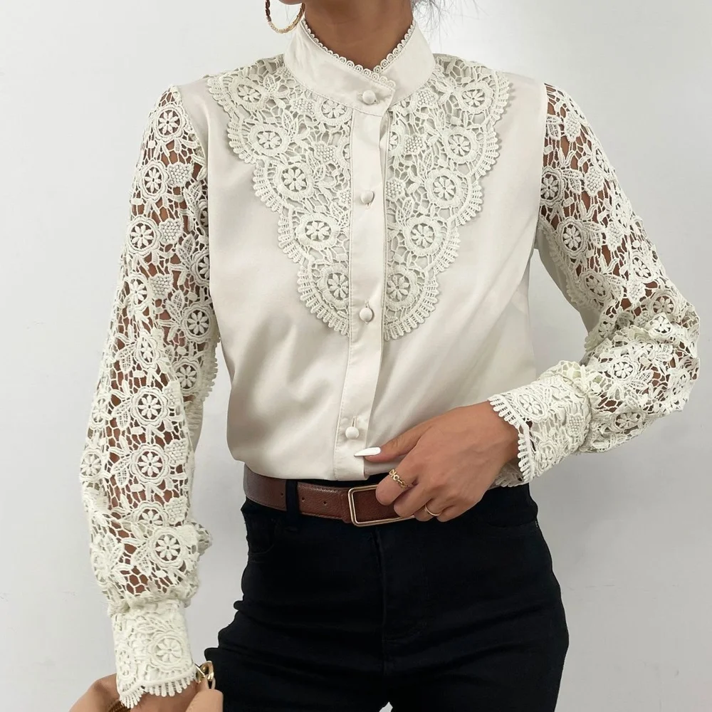 Chemise Vintage en dentelle à manches longues pour femmes, printemps été, Slim Fit, haut blanc, vêtements de bureau, vêtements d'affaires