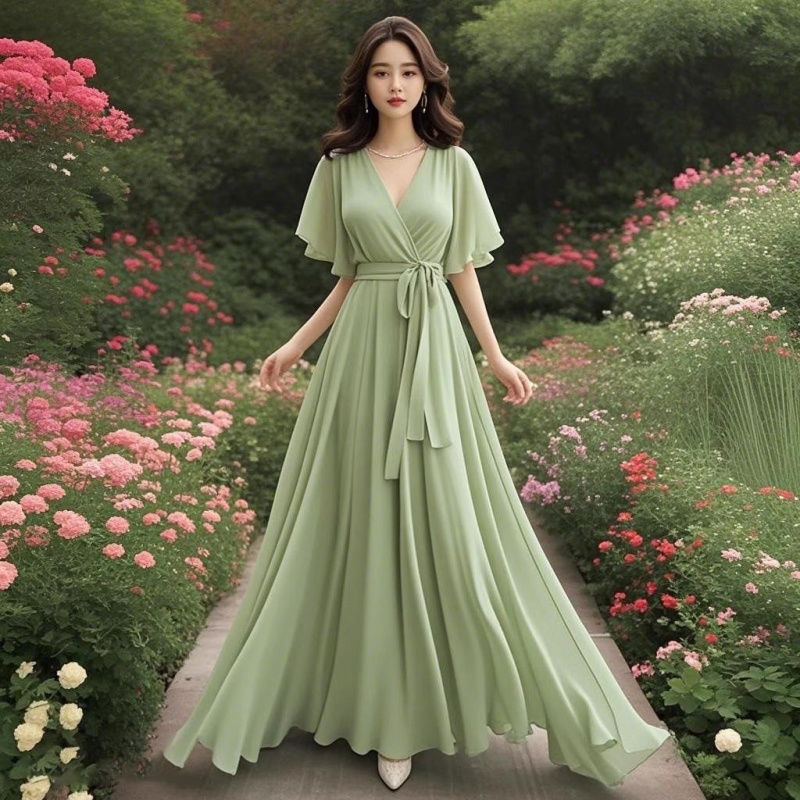 Robe longue de plage d'été 2021, nouvelle beauté verte, française, haut de gamme, en mousseline de soie, exquise, Unique, robe de vacances, fée W296
