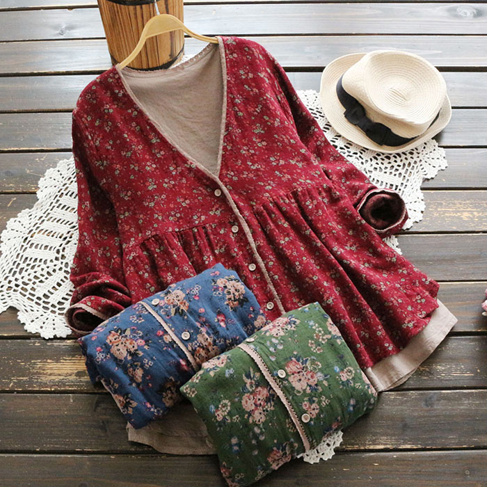 Nouvelle Blouse Femme Automne Manches Longues Coton Lin Imprimé Floral Rétro Japonais Vintage Col V Dentelle Chemise 2022