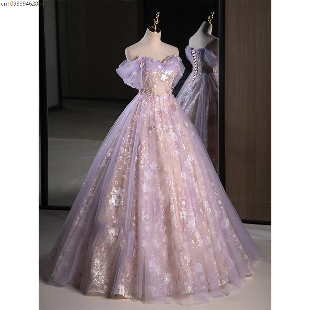 Robe de soirée de luxe rose violet pour femmes, douce plissée, épaules dénudées, avec des appliques de fleurs, robe de bal à paillettes, ligne a
