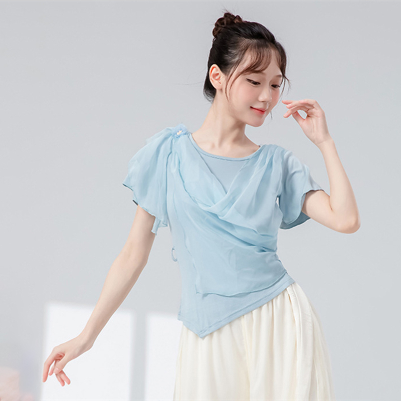 Haut de danse moderne pour femmes, T-Shirt à manches courtes épissé, gaze réglable, vêtements d'entraînement classiques, chemisier de scène fluide, T-Shirt décontracté