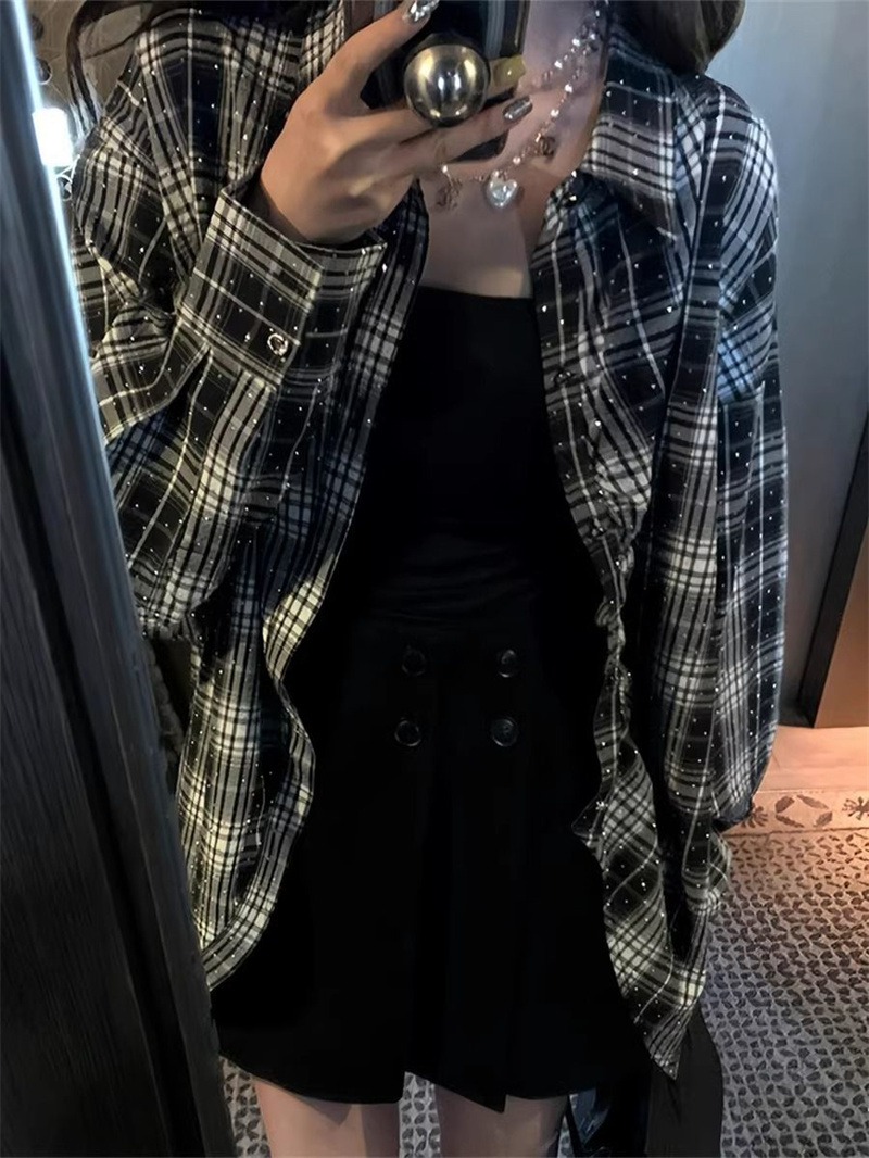 Femme Blouses femme vêtements automne nouveaux strass brillant Plaid simple boutonnage chemise femmes décontracté ample vent chemise marée manteau