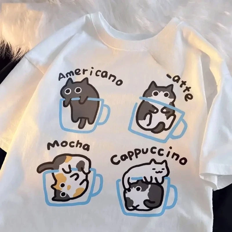 Chat café imprimé T-shirt femmes été nouveau col rond chat mignon décontracté vêtements d'été mode graphique t-shirts Y2K haut Vintage