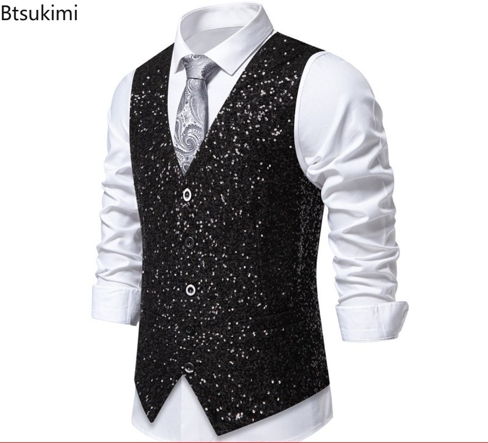 Gilet de Costume à paillettes dorées brillantes pour hommes, à la mode, simple boutonnage, Slim, scintillant, de luxe, pour fête de mariage, scène, bal de promo