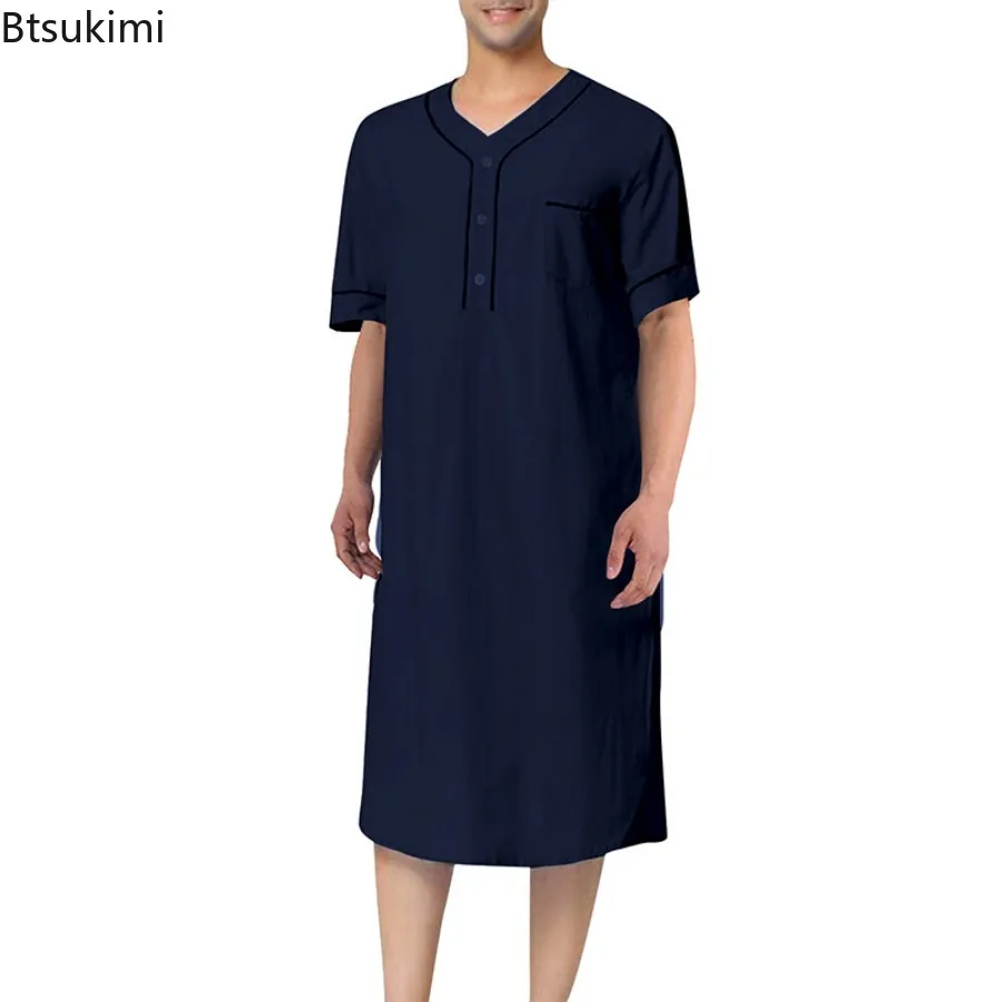 Nouveau 2026 hommes mode musulmane Robes robe à manches courtes solide coton ample col rond loisirs chemise de nuit hommes peignoirs Homewear Abaya