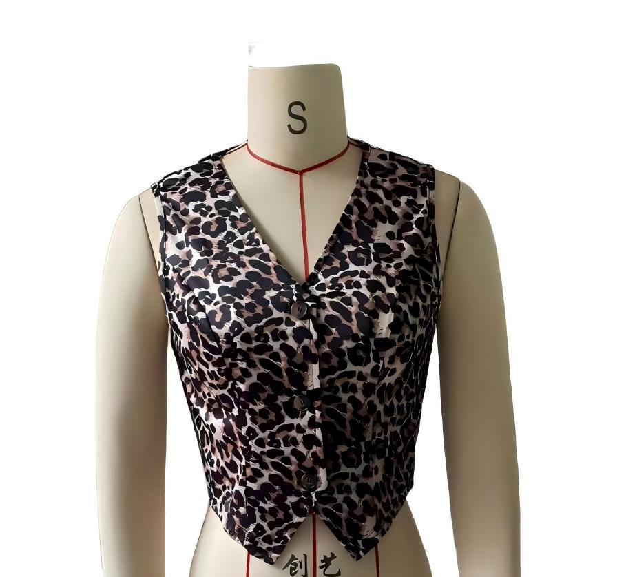Gilet décontracté pour femme à imprimé léopard, sans manches, col en V, simple boutonnage, coupe ajustée, style vintage