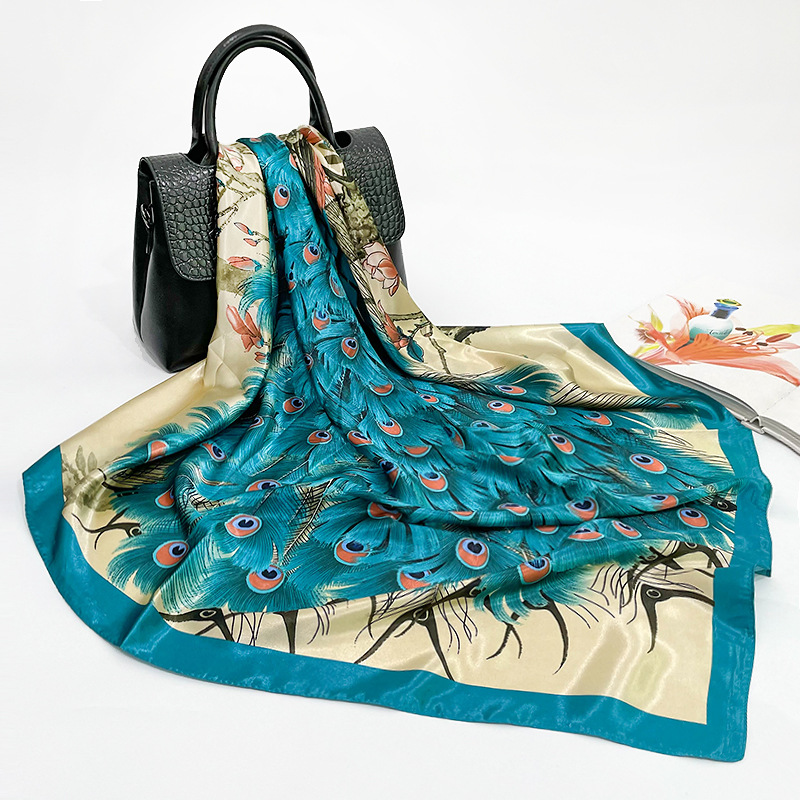 Écharpe carrée à imprimé paon pour dames, pack soleil de plage, écharpe de sauna, queue de paon en satin, hijab, turban, bandanas, mode, 216.239.injSatin, 90cm