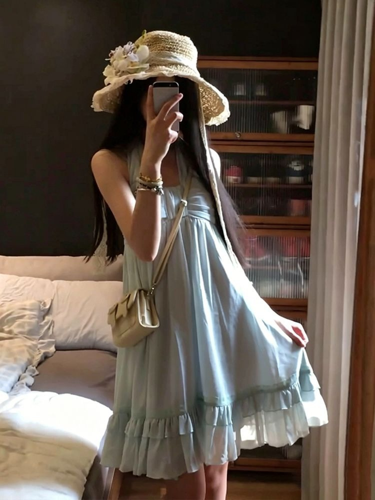 Robe Vintage Kawaii Élégante pour Femme, Col Halter, Buste Froncé, Ourlet à Volants en Dentelle Superposée, Robe Romantique Quotidienne ou de Soirée, Vêtement Féminin