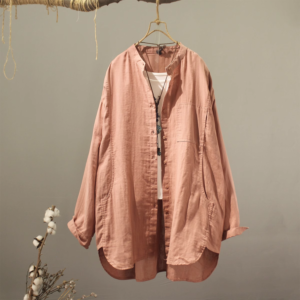 Vêtements pour femmes d'âge mûr 2026 – Hauts et chemisiers 100 % coton, style japonais, col montant, grandes tailles