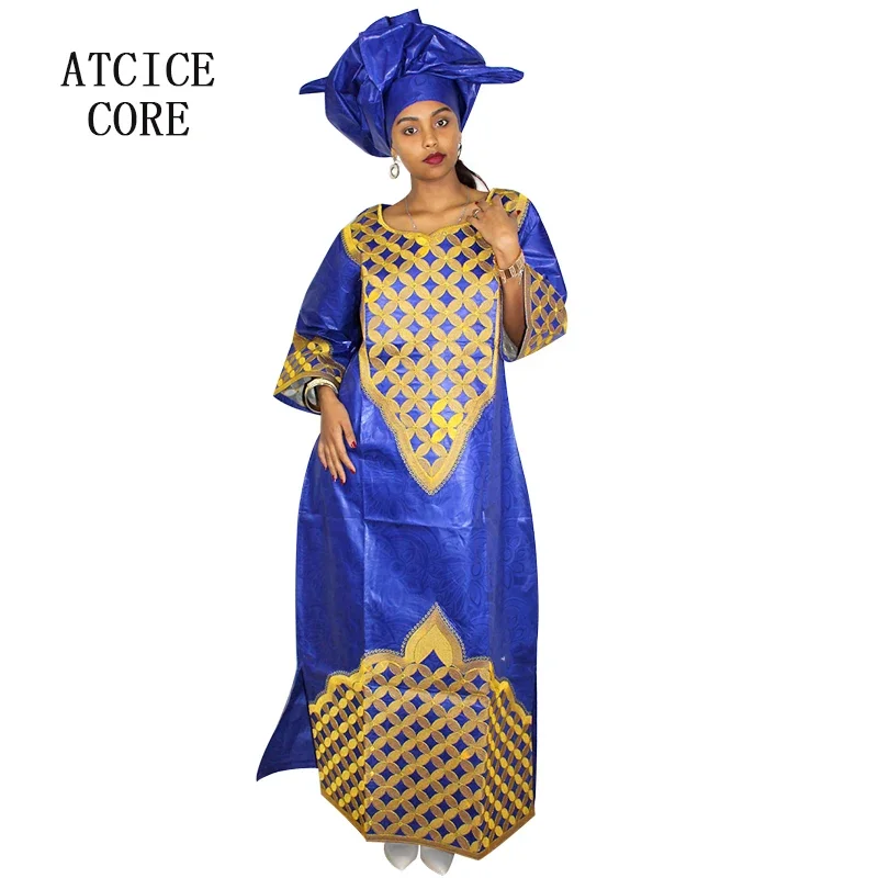 Robe africaine longue avec écharpe pour femme, motif de broderie, Bazin Riche