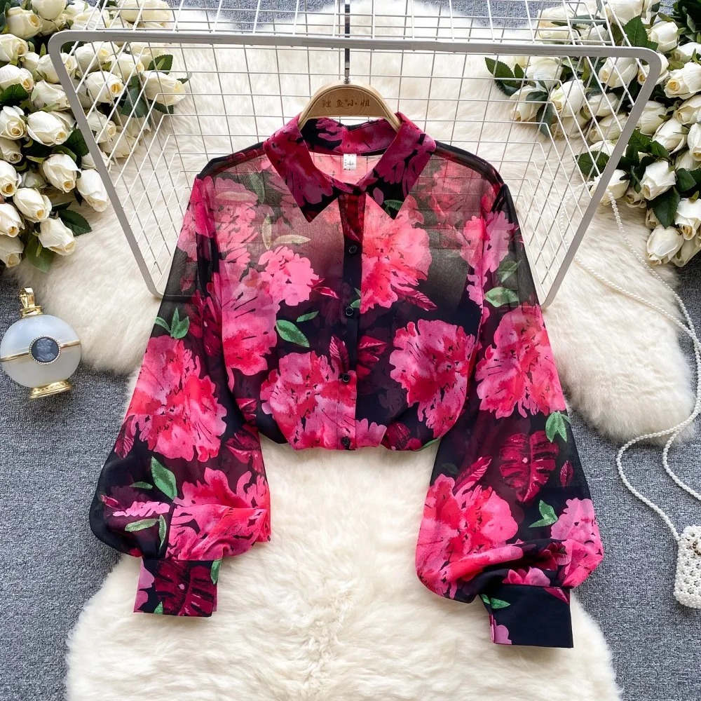 Chemisier Vintage Élégant à Manches Lanternes pour Femme, Chemise à Col Polo Décontractée, Chic, Haut Dégradé, Été