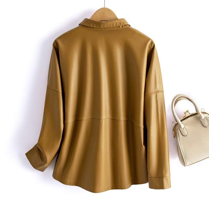 Veste courte en cuir de mouton pour femme, poches à boutons ajustée, CombChic Office Ladies, Split Sheep Leather, Korean At Outwear