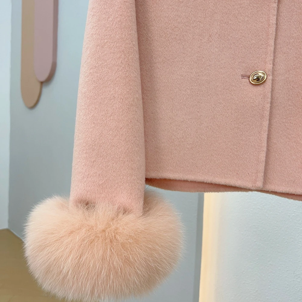 Manteau en Laine pour Femme 2026 Nouvelle Collection Hiver avec Poignets en Fourrure de Renard Naturelle, Veste de Luxe en Cachemire et Laine pour Femme