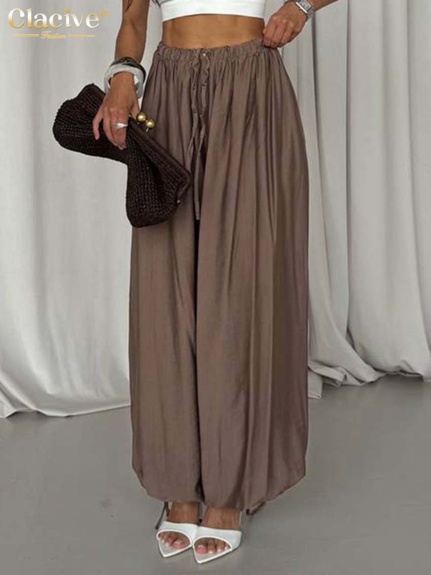 Clacive mode ample marron femmes pantalons 2025 décontracté taille haute pantalon à jambes larges élégant classique solide pantalon femme vêtements