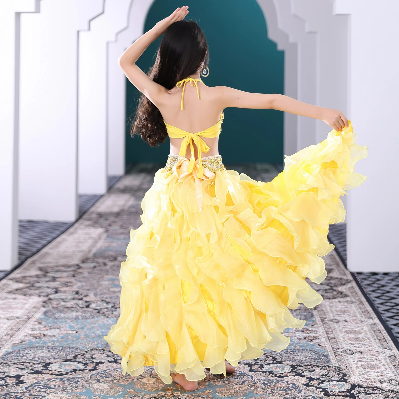 Ensemble de costumes de danse du ventre pour enfants, vêtements de danse orientale pour enfants, tenue pour filles, soutien-gorge, ceinture, jupe perlée